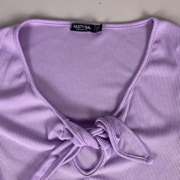 Nasty Gal lilac lavender ribbed tie-front bell-sleeve crop top lettuce edges - Picture 11 of 12